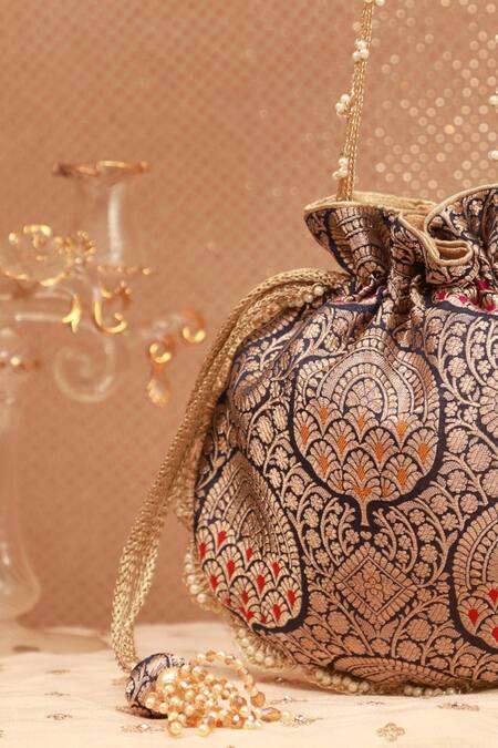 Buy_Amyra_Navy Embroidery, Tassels Banarasi Silk Potli Bag _Online_at_Aza_Fashions