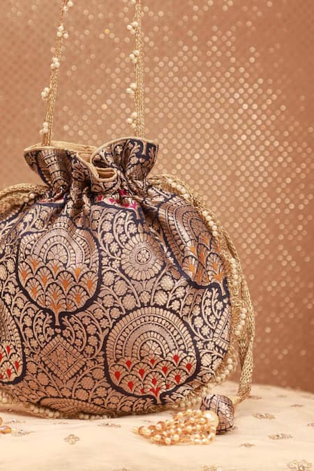 Buy_Amyra_Navy Embroidery, Tassels Banarasi Silk Potli Bag 