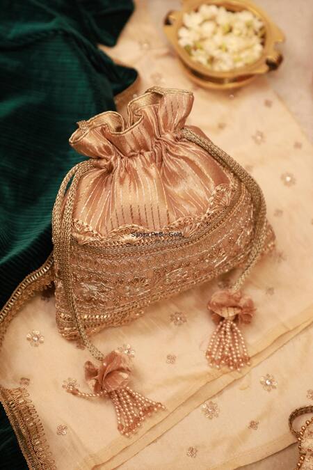 Shop Amyra Gold Gota Patti Sanaa Potli With Embroidery at Aza Fashions Shop_Amyra_Gold Gota Patti Sanaa Potli With Embroidery_at_Aza_Fashions
