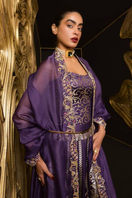 Ekaya Banaras_Purple Satin, Silk Zari, Embroidery Round Neck Kadhwa Banarasi Lehenga Set_Online_at_Aza_Fashions