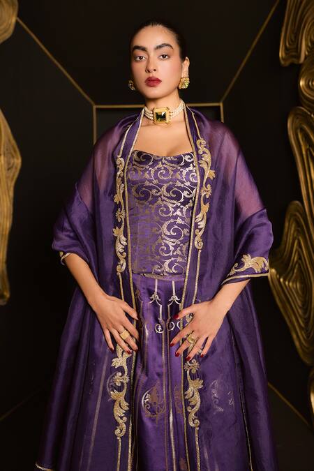 Buy_Ekaya Banaras_Purple Satin, Silk Zari, Embroidery Round Neck Kadhwa Banarasi Lehenga Set_Online_at_Aza_Fashions