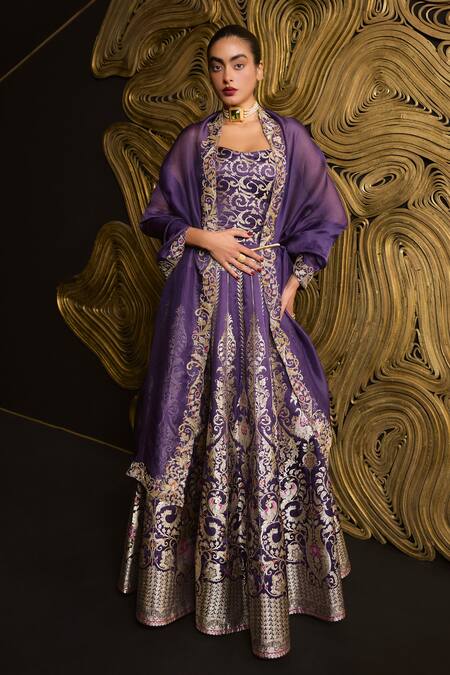 Shop_Ekaya Banaras_Purple Satin, Silk Zari, Embroidery Round Neck Kadhwa Banarasi Lehenga Set_Online_at_Aza_Fashions