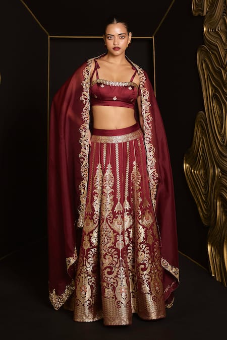 Ekaya Banaras Garnet Kadhwa Banarasi Lehenga Set 