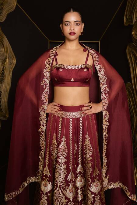 Ekaya Banaras_Red Silk, Satin Embroidery Round Neck Garnet Kadhwa Banarasi Lehenga Set _Online_at_Aza_Fashions