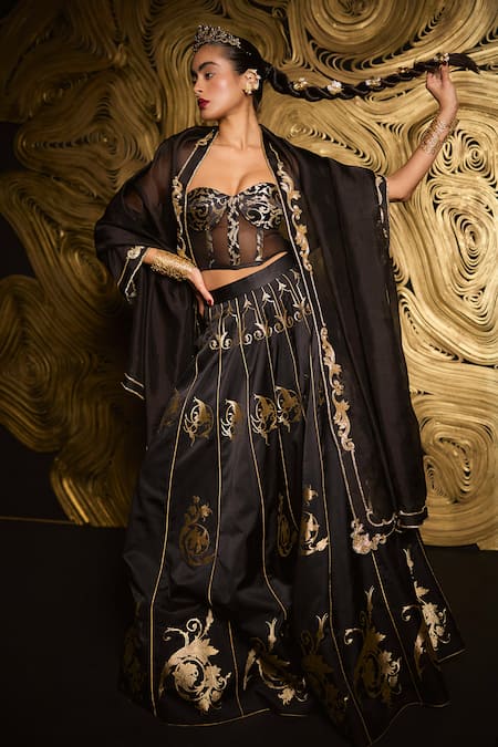 Ekaya Banaras Baroque Black Satin Silk Lehenga Set 