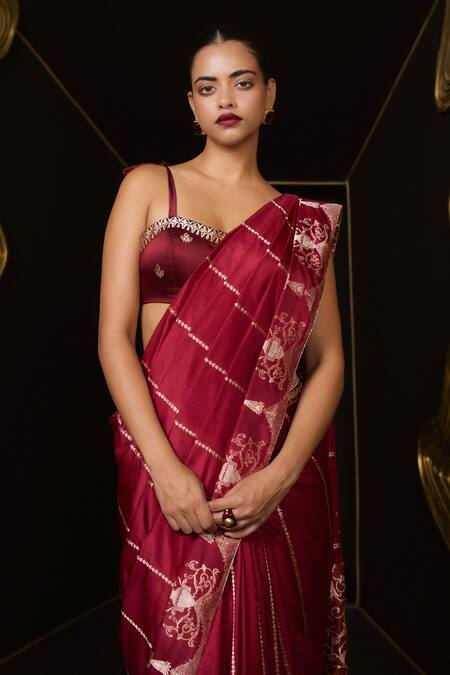 Ekaya Banaras Maroon Silk Embroidery Kadhwa Banarasi Saree Online at Aza Fashions Ekaya Banaras_Maroon Silk Embroidery Kadhwa Banarasi Saree _Online_at_Aza_Fashions