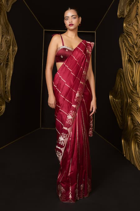 Shop Ekaya Banaras Maroon Silk Embroidery Kadhwa Banarasi Saree at Aza Fashions Shop_Ekaya Banaras_Maroon Silk Embroidery Kadhwa Banarasi Saree _at_Aza_Fashions