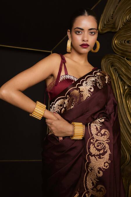 Ekaya Banaras_Gold Silk Zari Garnet Satin Kadhwa Banarasi Saree _Online_at_Aza_Fashions