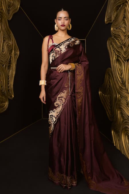 Ekaya Banaras Garnet Satin Silk Kadhwa Banarasi Saree 