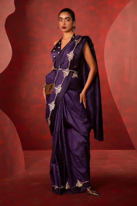 Shop Ekaya Banaras Purple Silk Embroidery Kadhwa Banarasi Saree at Aza Fashions Shop_Ekaya Banaras_Purple Silk Embroidery Kadhwa Banarasi Saree_at_Aza_Fashions
