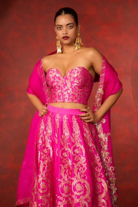 Shop_Ekaya Banaras_Pink Silk Embroidery Baroque Inspired Lehenga Set _at_Aza_Fashions