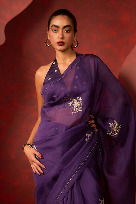 Ekaya Banaras Purple Kota Doria, Silk Zari Handwoven Zardozi Embroidered Saree Online at Aza Fashions Ekaya Banaras_Purple Kota Doria, Silk Zari Handwoven Zardozi Embroidered Saree _Online_at_Aza_Fashions