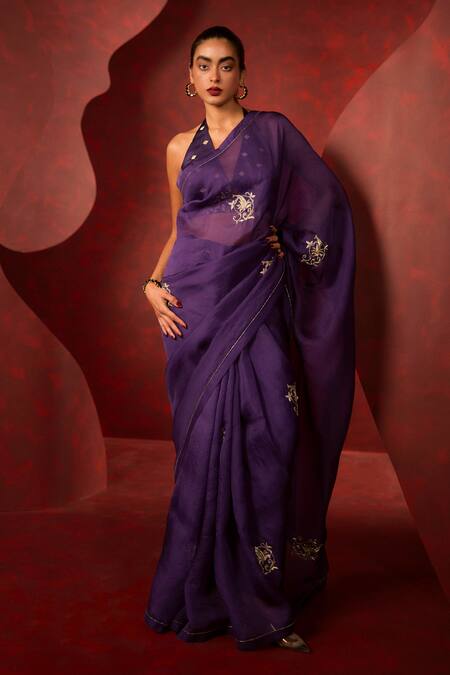 Buy Ekaya Banaras Purple Kota Doria, Silk Zari Handwoven Zardozi Embroidered Saree Online at Aza Fashions Buy_Ekaya Banaras_Purple Kota Doria, Silk Zari Handwoven Zardozi Embroidered Saree _Online_at_Aza_Fashions