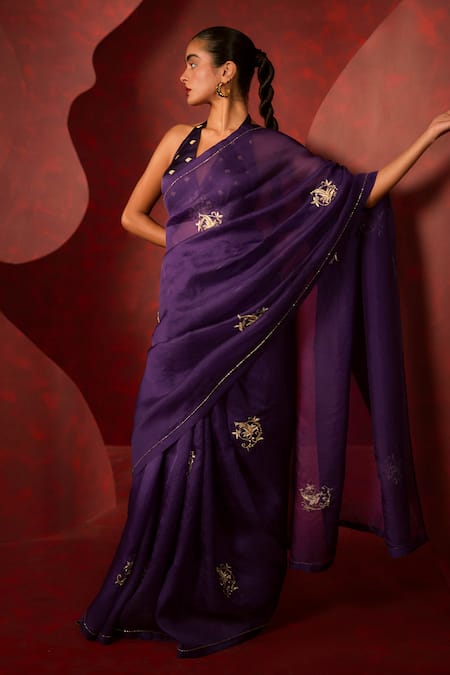 Shop Ekaya Banaras Purple Kota Doria, Silk Zari Handwoven Zardozi Embroidered Saree at Aza Fashions Shop_Ekaya Banaras_Purple Kota Doria, Silk Zari Handwoven Zardozi Embroidered Saree _at_Aza_Fashions