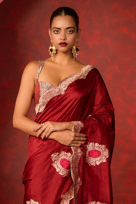 Ekaya Banaras Red Silk Cut Work Baroque Inspired Handwoven Saree Online at Aza Fashions Ekaya Banaras_Red Silk Cut Work Baroque Inspired Handwoven Saree _Online_at_Aza_Fashions