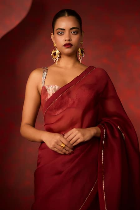 Ekaya Banaras Maroon Kota Doria Embroidery Handwoven Baroque Saree Online at Aza Fashions Ekaya Banaras_Maroon Kota Doria Embroidery Handwoven Baroque Saree _Online_at_Aza_Fashions