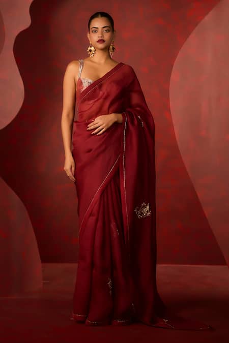 Shop Ekaya Banaras Maroon Kota Doria Embroidery Handwoven Baroque Saree at Aza Fashions Shop_Ekaya Banaras_Maroon Kota Doria Embroidery Handwoven Baroque Saree _at_Aza_Fashions