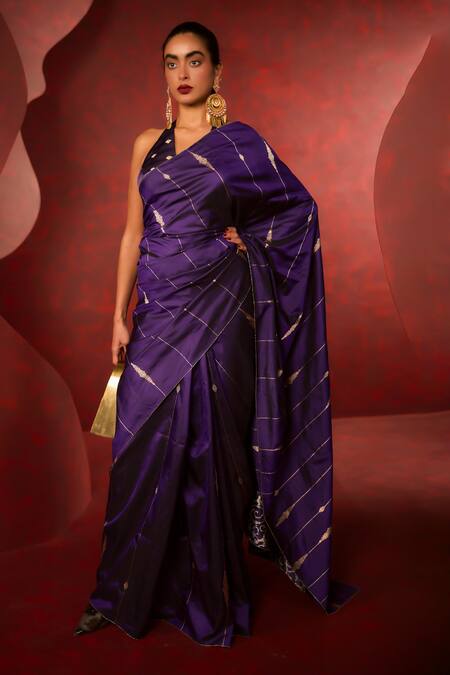 Shop_Ekaya Banaras_Purple Silk Zari Kadhwa Banarasi Saree _at_Aza_Fashions