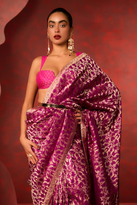 Ekaya Banaras_Purple Silk Handwoven Cutwork Emboss Saree_Online_at_Aza_Fashions