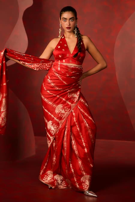 Shop Ekaya Banaras Red Silk Embroidery, Zari Baroque Inspired Saree at Aza Fashions Shop_Ekaya Banaras_Red Silk Embroidery, Zari Baroque Inspired Saree _at_Aza_Fashions
