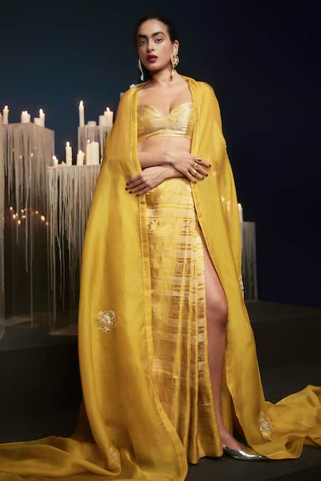 Shop Ekaya Banaras Mustard Satin Embroidery Cutwork Embossed Saree at Aza Fashions Shop_Ekaya Banaras_Mustard Satin Embroidery Cutwork Embossed Saree _at_Aza_Fashions