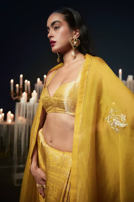 Ekaya Banaras Mustard Satin Embroidery Cutwork Embossed Saree Online at Aza Fashions Ekaya Banaras_Mustard Satin Embroidery Cutwork Embossed Saree _Online_at_Aza_Fashions