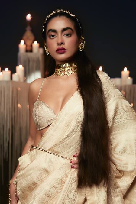 Ekaya Banaras Beige Silk Embroidery Kadhwa Banarasi Handwoven Saree Online at Aza Fashions Ekaya Banaras_Beige Silk Embroidery Kadhwa Banarasi Handwoven Saree _Online_at_Aza_Fashions