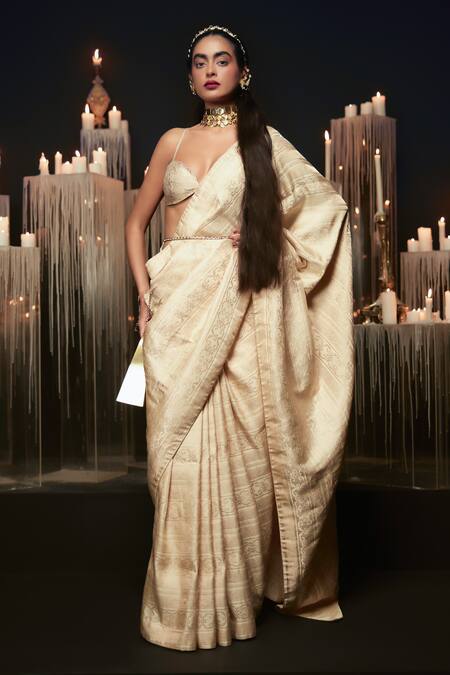 Buy Ekaya Banaras Beige Silk Embroidery Kadhwa Banarasi Handwoven Saree Online at Aza Fashions Buy_Ekaya Banaras_Beige Silk Embroidery Kadhwa Banarasi Handwoven Saree _Online_at_Aza_Fashions