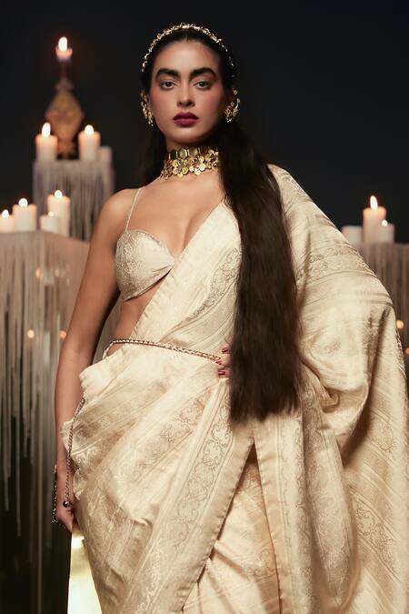 Ekaya Banaras Beige Silk Embroidery Kadhwa Banarasi Handwoven Saree at Aza Fashions Ekaya Banaras_Beige Silk Embroidery Kadhwa Banarasi Handwoven Saree _at_Aza_Fashions