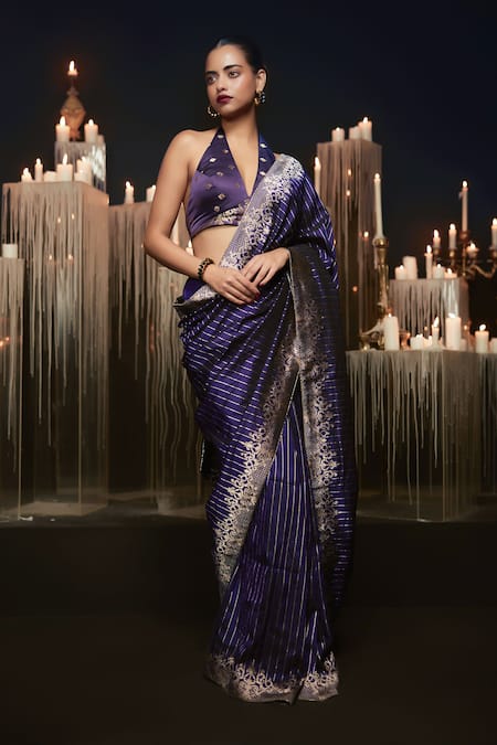 Shop Ekaya Banaras Navy Silk Embroidery Kadiyal Weave Purple Saree at Aza Fashions Shop_Ekaya Banaras_Navy Silk Embroidery Kadiyal Weave Purple Saree _at_Aza_Fashions