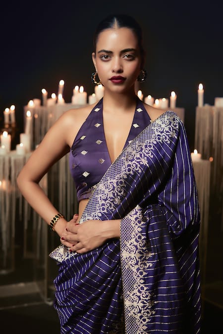 Buy Ekaya Banaras Navy Silk Embroidery Kadiyal Weave Purple Saree Online at Aza Fashions Buy_Ekaya Banaras_Navy Silk Embroidery Kadiyal Weave Purple Saree _Online_at_Aza_Fashions