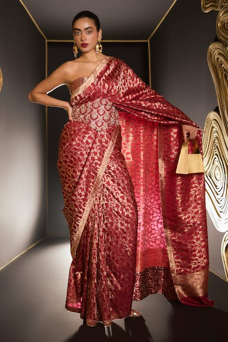 Shop Ekaya Banaras Maroon Silk Embroidery Cutwork Emboss Saree at Aza Fashions Shop_Ekaya Banaras_Maroon Silk Embroidery Cutwork Emboss Saree _at_Aza_Fashions