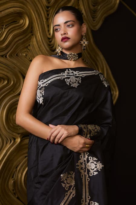 Ekaya Banaras_Black Satin Embroidery Handwoven Kadhwa Banarasi Saree _Online_at_Aza_Fashions