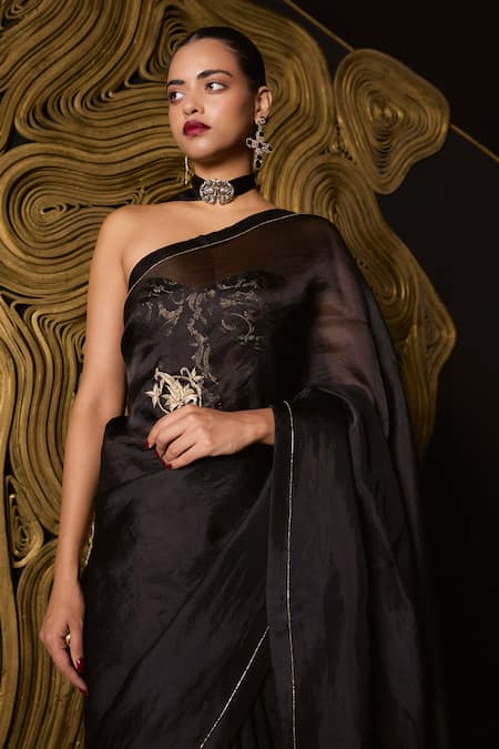 Ekaya Banaras_Black Kota Doria Embroidery Baroque Inspired Kora Silk Saree _Online_at_Aza_Fashions