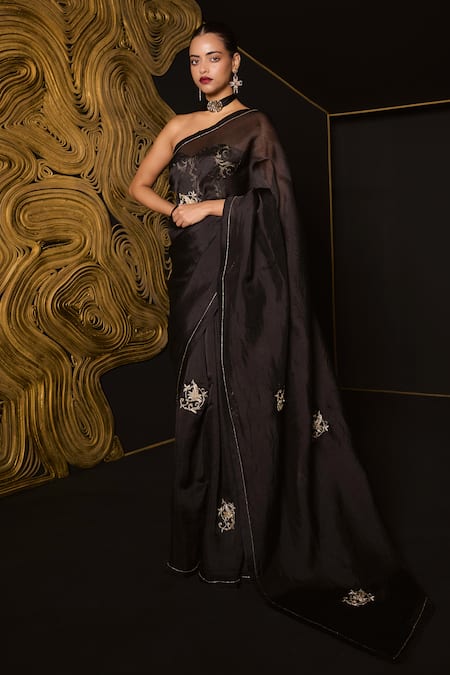 Shop_Ekaya Banaras_Black Kota Doria Embroidery Baroque Inspired Kora Silk Saree _at_Aza_Fashions
