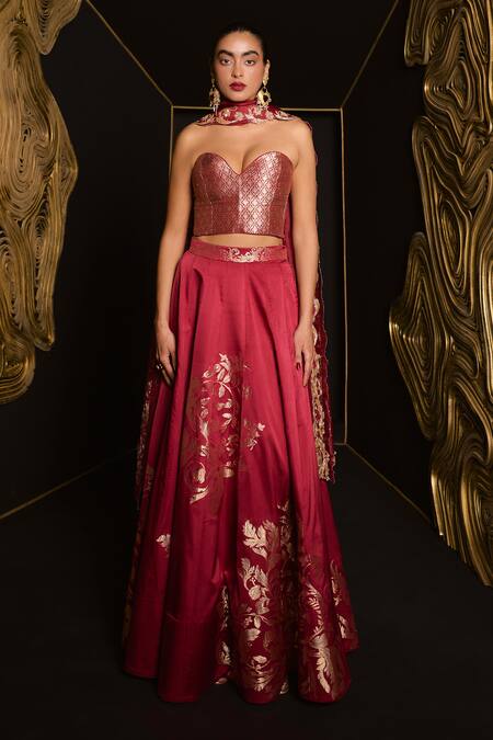 Ekaya Banaras_Maroon Silk, Satin Embroidery Round Neck Kadhwa Banarasi Lehenga Set_Online_at_Aza_Fashions