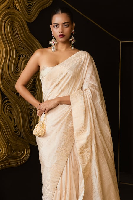 Shop_Ekaya Banaras_Ivory Silk Zari Kadiyal Banarasi Saree _at_Aza_Fashions