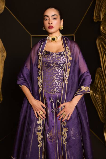 Ekaya Banaras_Purple Silk Embroidery Square Neck Kadhwa Banarasi Lehenga Set_Online_at_Aza_Fashions