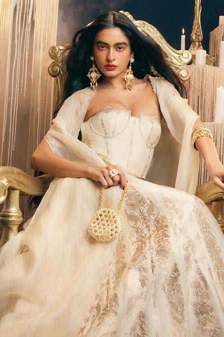 Ekaya Banaras Cream Kadhwa Banarasi Lehenga Set 