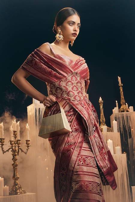 Ekaya Banaras Maroon Satin Zari Cutwork Embossed Saree Online at Aza Fashions Ekaya Banaras_Maroon Satin Zari Cutwork Embossed Saree _Online_at_Aza_Fashions