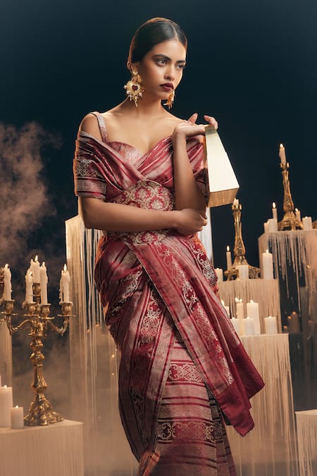 Shop Ekaya Banaras Maroon Satin Zari Cutwork Embossed Saree at Aza Fashions Shop_Ekaya Banaras_Maroon Satin Zari Cutwork Embossed Saree _at_Aza_Fashions