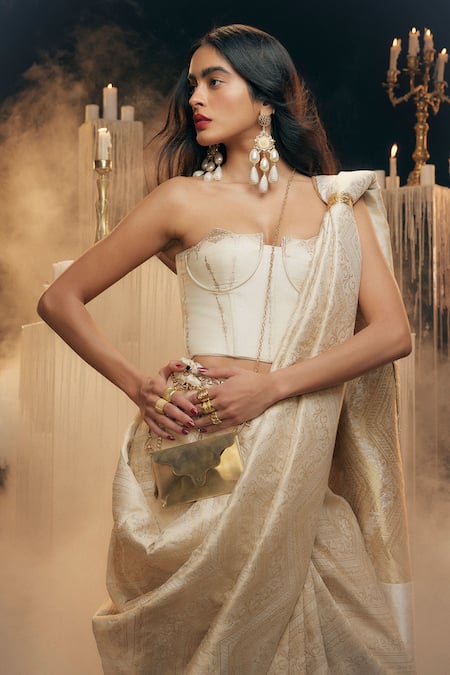 Ekaya Banaras Cream Silk Embossed Saree Online at Aza Fashions Ekaya Banaras_Cream Silk Embossed Saree _Online_at_Aza_Fashions