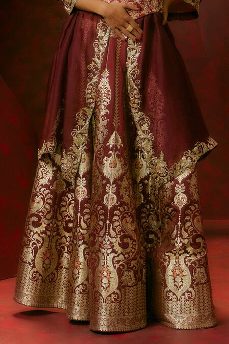 Ekaya Banaras_Maroon Silk Zari, Embroidery V-neck Kadhwa Banarasi Lehenga Set _Online_at_Aza_Fashions