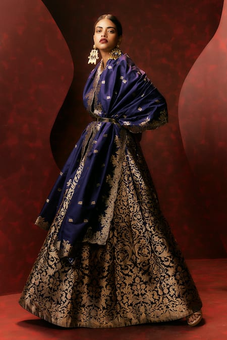 Shop Ekaya Banaras Purple Silk Embroidery Amethyst Handwoven Lehenga Set at Aza Fashions Shop_Ekaya Banaras_Purple Silk Embroidery Amethyst Handwoven Lehenga Set_at_Aza_Fashions