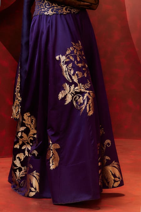 Ekaya Banaras Purple Silk Embroidery Sweetheart Neck Kadhwa Banarasi Lehenga Set Online at Aza Fashions Ekaya Banaras_Purple Silk Embroidery Sweetheart Neck Kadhwa Banarasi Lehenga Set _Online_at_Aza_Fashions