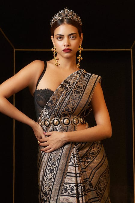 Ekaya Banaras_Black Silk Embroidery, Buckles Handwoven Cutwork Embossed Saree _Online_at_Aza_Fashions