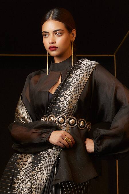 Ekaya Banaras_Black Silk Zari High Neck Kadiyal Banarasi Saree _Online_at_Aza_Fashions