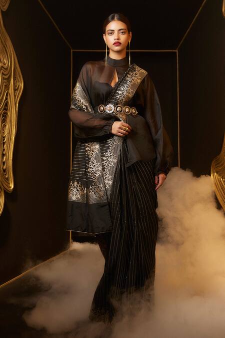 Shop_Ekaya Banaras_Black Silk Zari High Neck Kadiyal Banarasi Saree _at_Aza_Fashions