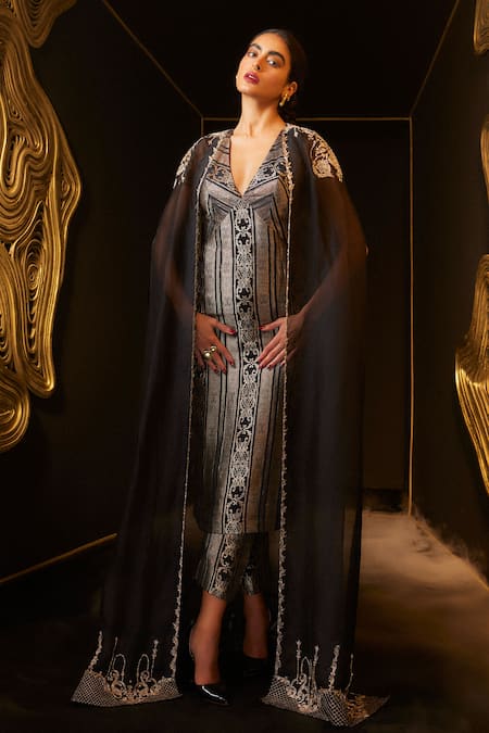 Ekaya Banaras Black Satin Embossed Kurta Set 