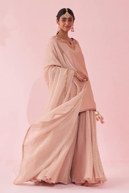 Buy Studio Bagechaa Blush Chanderi, Organza Embroidery Split V-neck Pink Sharara Set Online at Aza Fashions Buy_Studio Bagechaa_Blush Chanderi, Organza Embroidery Split V-neck Pink Sharara Set _Online_at_Aza_Fashions